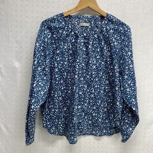 Outerknown Organic Cotton Ditzy Button Blouse Blue Mushrooms Cottage Boho Size L